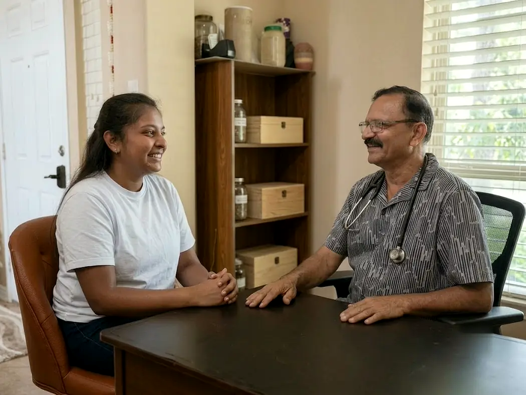 A patient laughing at the consultation desk while Dr. Singh holds her wrist, handwritten notes spread between them.