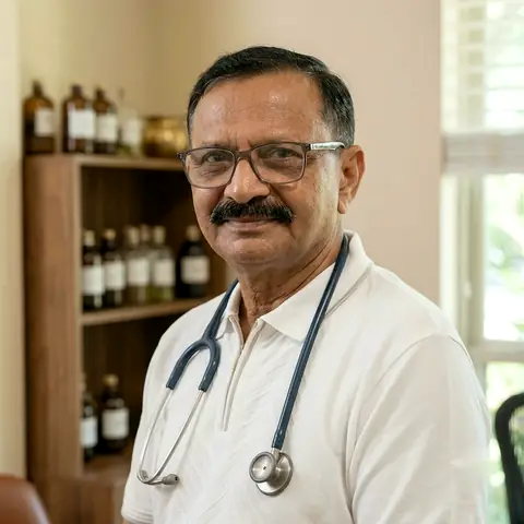 Dr. K. B. Singh in his consultation room, stethoscope round his neck.